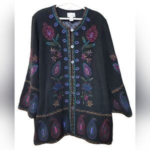 Linea By Louis Dell'Olio Black Wool Blend Long Coat Colorful Floral Sz 2X